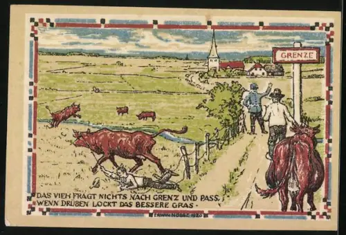 Notgeld Lutzhöft 1920, 50 Pfennig, Radfahrende Dame und Grossmutter, Vieh an der Grenze, Nr. 18028