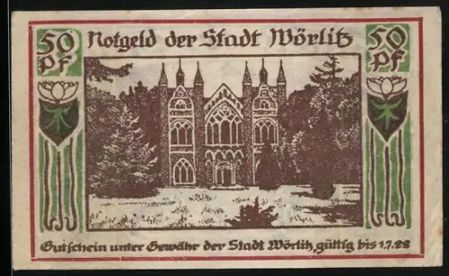 Notgeld Wörlitz, 50 Pf, historische Gebäude, Bäume und Blumenornamente