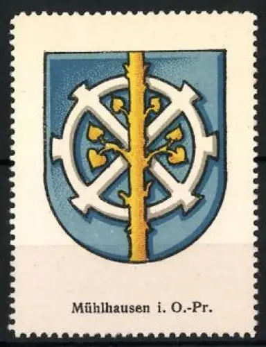 Reklamemarke Mühlhausen i. O.-Pr., Mühlhausen, Wappen mit Mühlrad und Baumstamm