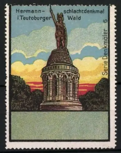 Reklamemarke Teutoburger Wald, Hermannsschlachtdenkmal, Hermannsdenkmal bei Sonnenuntergang