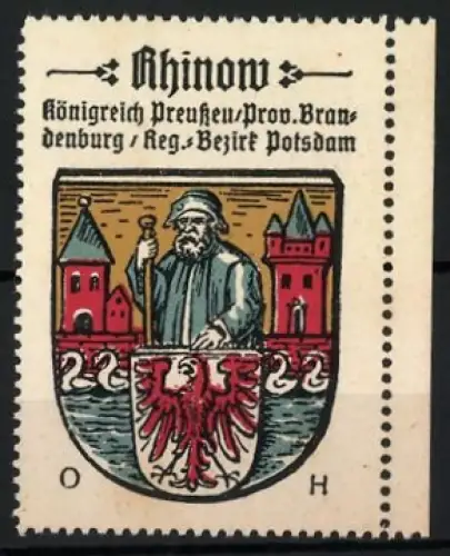 Reklamemarke Rhinow, Königreich Preussen /Prov. Brandenburg, Wappen mit Adler und Türmen, Kaffee-HAG Serie