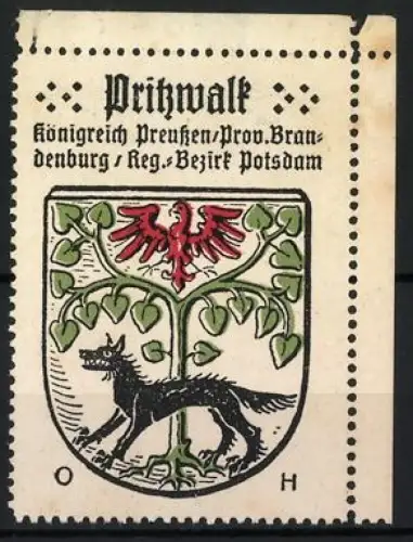 Reklamemarke Pritzwalk, Königreich Preussen /Prov. Brandenburg, Wappen mit Wolf und Adler, Kaffee-HAG Serie