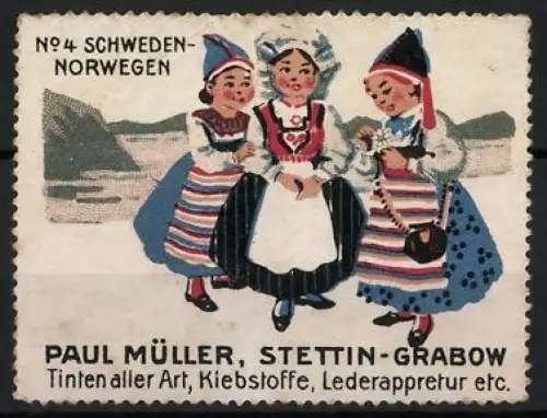 Reklamemarke Stettin-Grabow, Paul Müller Tinten, Trachtenmädchen aus Schweden und Norwegen