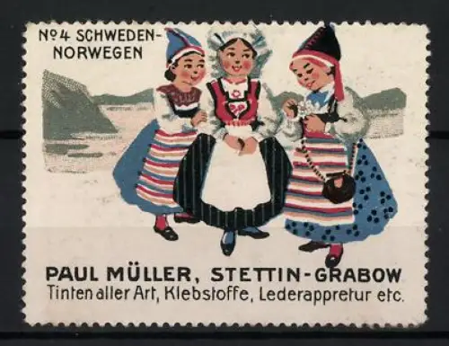 Reklamemarke Stettin-Grabow, Paul Müller Tinten, Trachtenmädchen aus Schweden und Norwegen