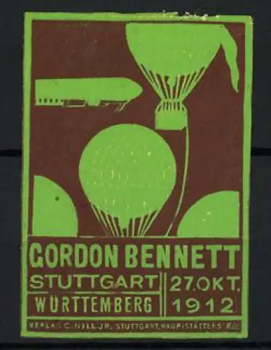 Reklamemarke Stuttgart, Gordon Bennett Ballon-Rennen 1912, Zeppelin-Luftschiff & Gasballone, braun-grün