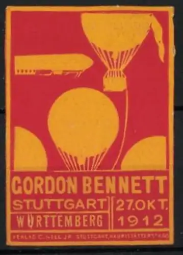Reklamemarke Stuttgart, Gordon Bennett Ballon-Rennen 1912, Zeppelin-Luftschiff & Gasballone, rot-orange