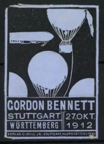Reklamemarke Stuttgart, Gordon Bennett Ballon-Rennen 1912, Zeppelin-Luftschiff & Gasballone, schwarz-hellblau