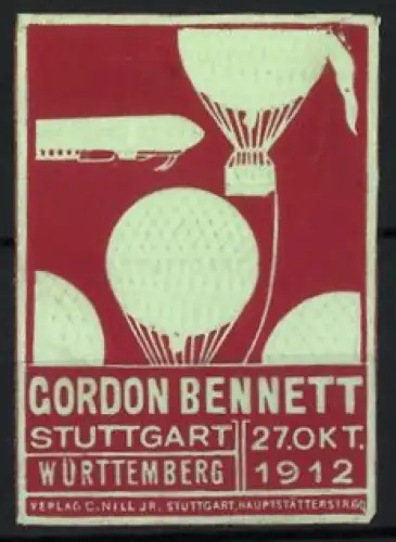 Reklamemarke Stuttgart, Gordon Bennett Ballon-Rennen 1912, Zeppelin-Luftschiff & Gasballone, rot-beige