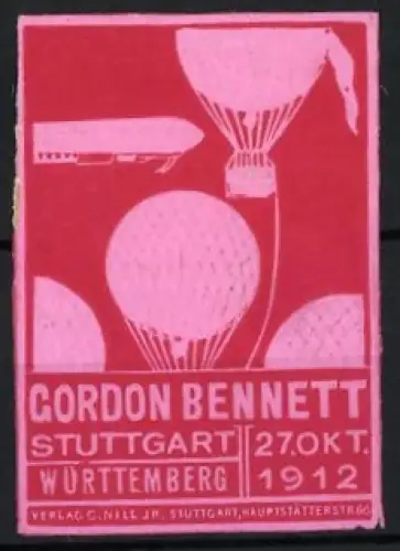 Reklamemarke Stuttgart, Gordon Bennett Ballon-Rennen 1912, Zeppelin-Luftschiff & Gasballone, rot-rosa