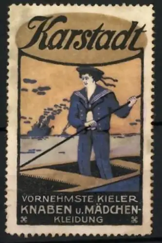 Reklamemarke Kiel, Karstadt, Vornehmste Knaben u. Mädchenkleidung, Matrose im Boot
