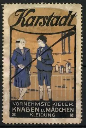 Reklamemarke Kiel, Karstadt, Vornehmste Knaben- und Mädchenkleidung, Kinder im Matrosenanzug