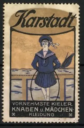 Reklamemarke Kiel, Karstadt, Knaben & Mädchenkleidung, Mädchen im Matrosenanzug
