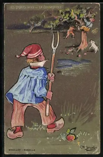 Künstler-AK sign. Ch. Beauvais: Moulloy /Marseille, Bauer in Schlafmütze auf Jagd nach Apfeldieben