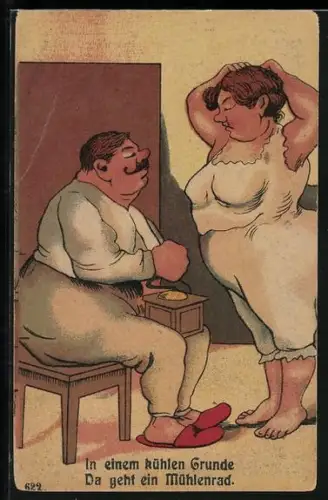 AK Beleibtes Ehepaar am Morgen, der Mann mit Kaffeemühle