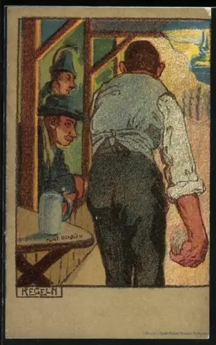 AK Szene beim Kegeln in einem Kegelkeller