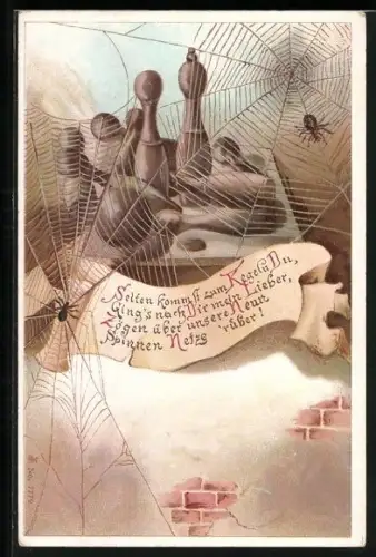 Lithographie Selten kommst zum Kegeln Du..., Scherz, Spinne