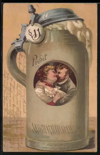 Präge-AK Paar küsst sich in einem Bierkrug-Passepartout mit §11 auf dem Kronkorken