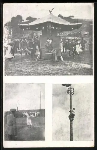 AK Karussell, Weitsprung und Kletterbaum auf dem Volksfest, Bay. Sportfest 12. August 1917