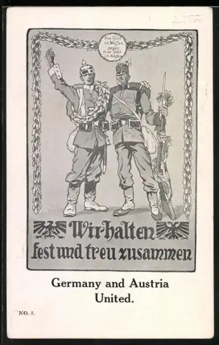 AK Zweibund zwischen Österreich und Deutschland, Soldat in Pickelhaube und Soldat mit Bajonett-Gewehr