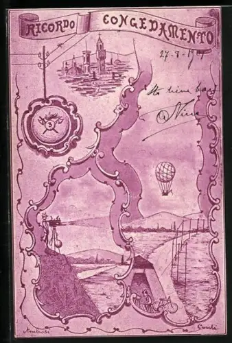 AK Ricordo Congedamento, Ballon über Landschaft, Italtienischer rückwärtiger Dienst