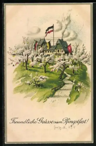 AK blühende Bäume vor einem Haus mit den Flaggen Deutschlands, Italiens und der Türkei, Pfingsten