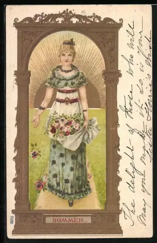 AK Vermenschlichter Sommer, Frau bringt Blumen in goldenem Jugendstil-Passepartout