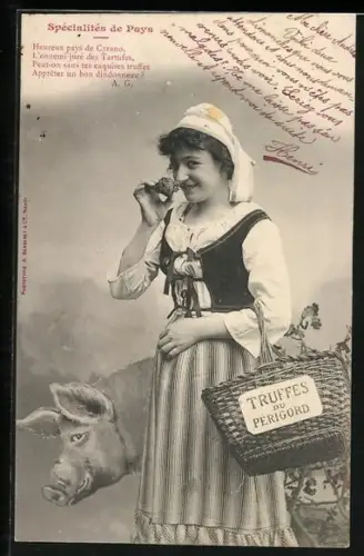 AK Perigord, Trüffelsammlerin mit ihrem Trüffelschwein