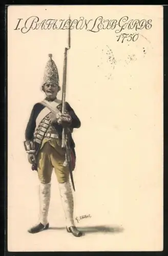AK I. Battallon Leib-Garde 1750, Wachposten mit Bajonett-Gewehr