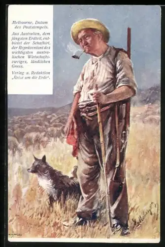 Künstler-AK Australischer Schafhirte mit Hund, Viehzucht