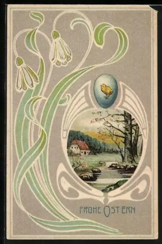 Künstler-AK Jugendstil, Ostergruss, Ei mit Küken, Haus am Bach