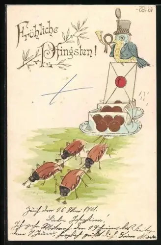 AK Pfingstgruss, Maikäfer ziehen Kugeln auf einem Tablett, Vogel mit Posthorn