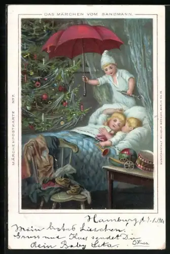 AK Das Märchen vom Sandmann, Sandmann im Zimmer von schlafenden Kindern