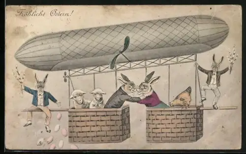 AK Vermenschlichte Tiere reisen mit einem Zeppelin