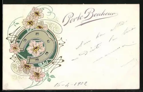 AK Hufeisen und Blüten mit Jugendstil-Ornamentik