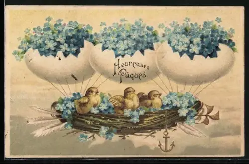 Künstler-AK Küken in Nest fliegen mit stilisiertem Zeppelin aus drei Eiern