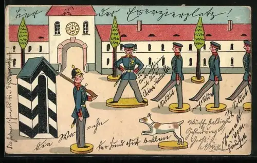 Künstler-AK Holzsoldaten beim Exerzieren und Wachestehen vor Schilderhaus