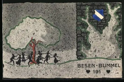 Künstler-AK Besen-Bummel 191, Männer und Frauen tanzen im Reigen um einen Baum