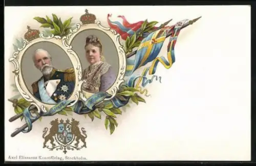 AK König Oskar II. von Schweden und Norwegen und seine Gattin, schwedische Fahne