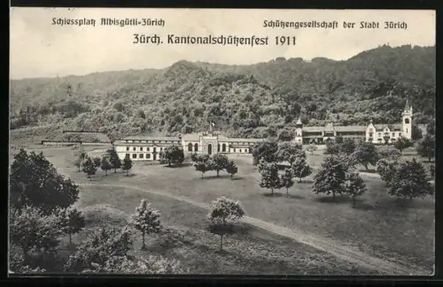 AK Albisgütli-Zürich, Zürch. Kantonalschützenfest 1911, Schiessplatz Albisgütli-Zürich aus der Vogelschau
