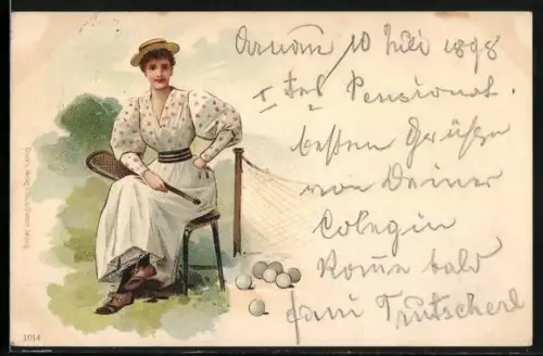 Künstler-AK Junge Frau mit Tennischläger und Tennisbällen
