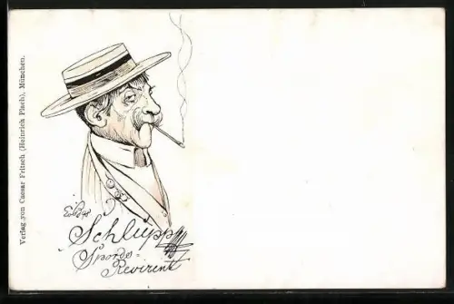 Künstler-AK München, Rauchender Greiss mit eingefallendem Gesicht
