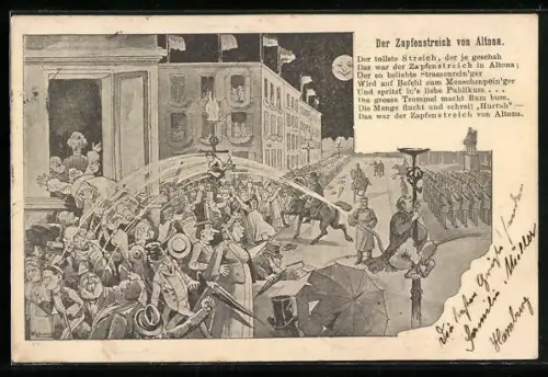 AK Hamburg-Altona, der Zapfenstreich von Altona, Strassenreiniger spritzt ins Publikum