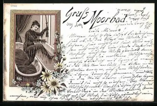 Lithographie Junge Frau steigt aus einem Moorbad