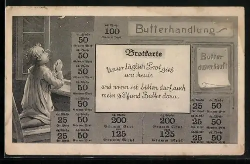 AK Kind betend an Fenster, Essensmarken, Butter ausverkauft
