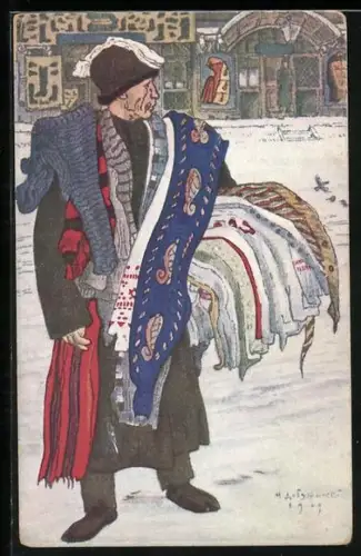 Künstler-AK sign. M. Dobuschinski: Petersburger Typen, Teppichverkäufer im Schnee