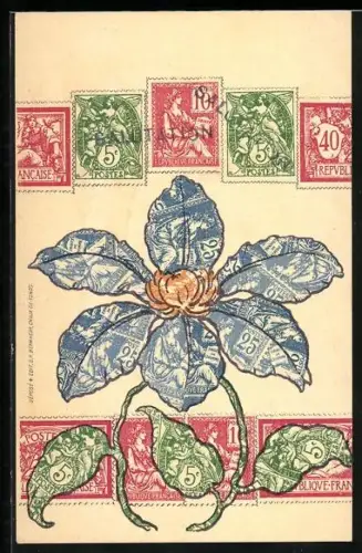 AK Französische Briefmarken und Blüte aus Briefmarkenteilen gebildet