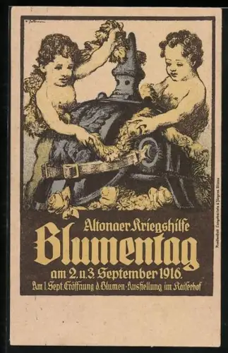 Künstler-AK Hamburg-Altona, Blumentag der Kriegshilfe am 2. und 3.9.1916, Putten an blumengeschmückter Pickelhaube