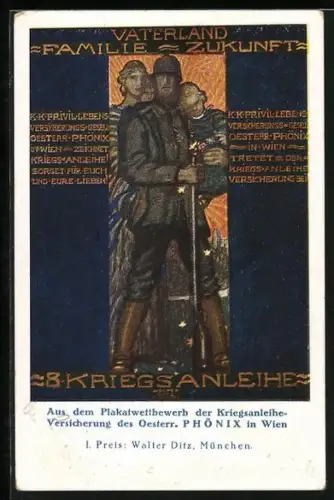 Künstler-AK sign. Walter Ditz: Soldat verabschiedet sich von seiner Familie, Kriegsanleihe