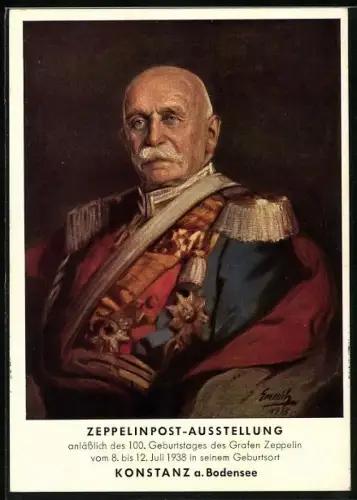 AK Konstanz, Zeppelinpost-Ausstellung, Portrait zum 100. Geburtstag