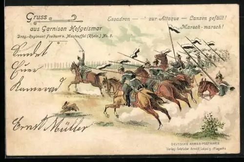 Lithographie Hofgeismar, Kavallerie-Escadron bei Lanzen-Angriff
